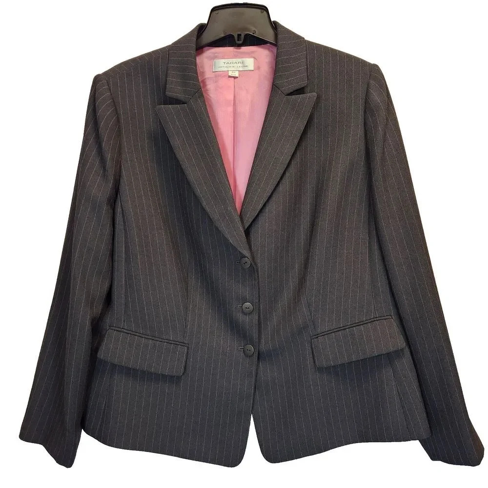 Tahari Pinstripe 3-Piece Suit Set Gray Pink Professional Business Attire - Picture 2 of 16